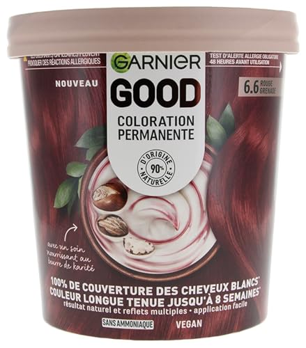 Garnier - Tinte permanente para el cabello - Sin amoniaco - 90% ingredientes de origen natural y fórmula vegana - Manteca de karité - Cobertura 100% para cabello blanco - Granada roja (6,6) - Good