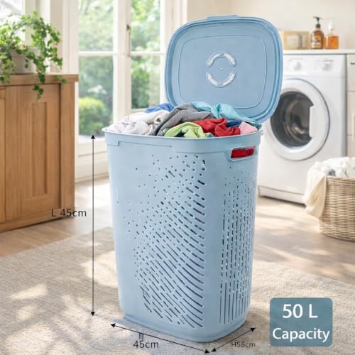 Image of Nayasa Plastic Laundry Basket with Lid - 50 Ltrs | Ventilated Clothes Hamper with Easy-Grip Handles | Clothes & Toy Storage Organizer |(Kitty) Grey