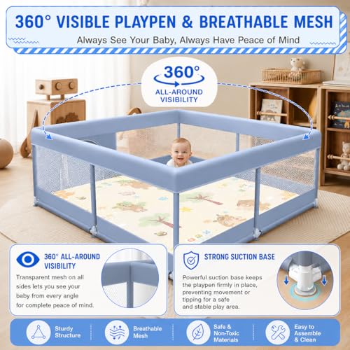 Image of MONSTECH Large Baby Playpen 120x120cm Playpen for Babies up to 5 Years with Balls, Anti-Fall Rings, Safety Lock, Breathable Mesh Playpen for Babies, Kids Activity Center (120 * 120 Blue)