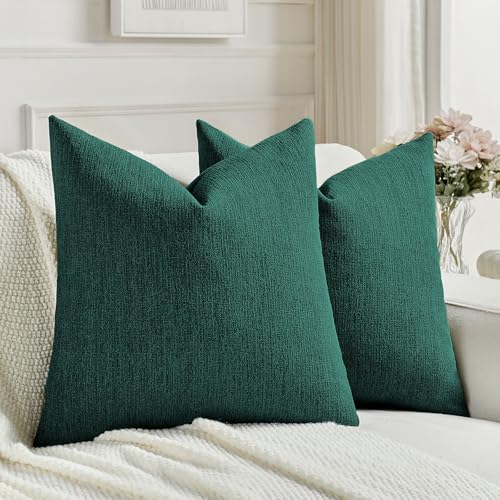 FUTEI Teal Chenille Decorative Throw Pillow Covers 16x16 Inch Set of 2,Soft Cozy Faux Linen Textured Cushion Case,Farmhouse Home Decor for Couch Living Room