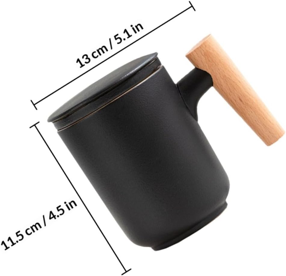 Ceramic Tea Mug with Wooden Handle and Fine Infuser, Black Matte Glaze Office Tea Cup with Water Separation for Loose Leaf Brewing, 1pcs Set for Home and Work Use