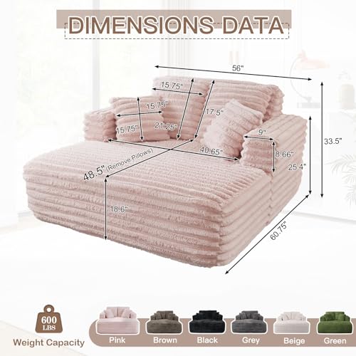 Image of JEEOHEY 56 inch Oversized Chaise Lounge Chair Indoor,Plush Faux Fur Sleeper Sofa Couch Bed with Pillows&Wide Armrests,Fluffy Comfy Cloud Couch,Compression Foam Couch for Living Room,Bedroom(Pink)