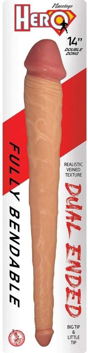 Hero - 14 Inch Double Dong - Fully Bendable - Realistic Veined Texture- Dual Ended Big Tip & Little Tip (White/Beige)