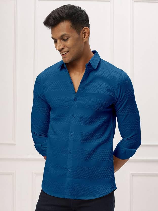 Image of Men's Polycotton Casual Textured Button Down Regular Fit Shirts Long Sleeve Shirt
