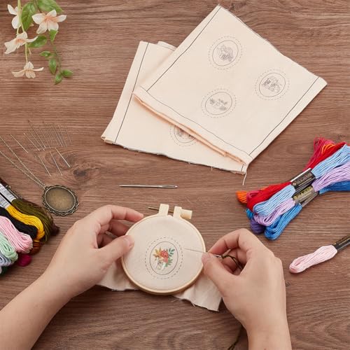 Image of INFUNLY 6 Sets DIY Mushroom Necklace Embroidery Kit for Adult Beginner Embroidery Pendant Kit Mushroom Theme Embroidery Stitching Necklace Kit Cross Stitch Kits with Instructions for Women Gift