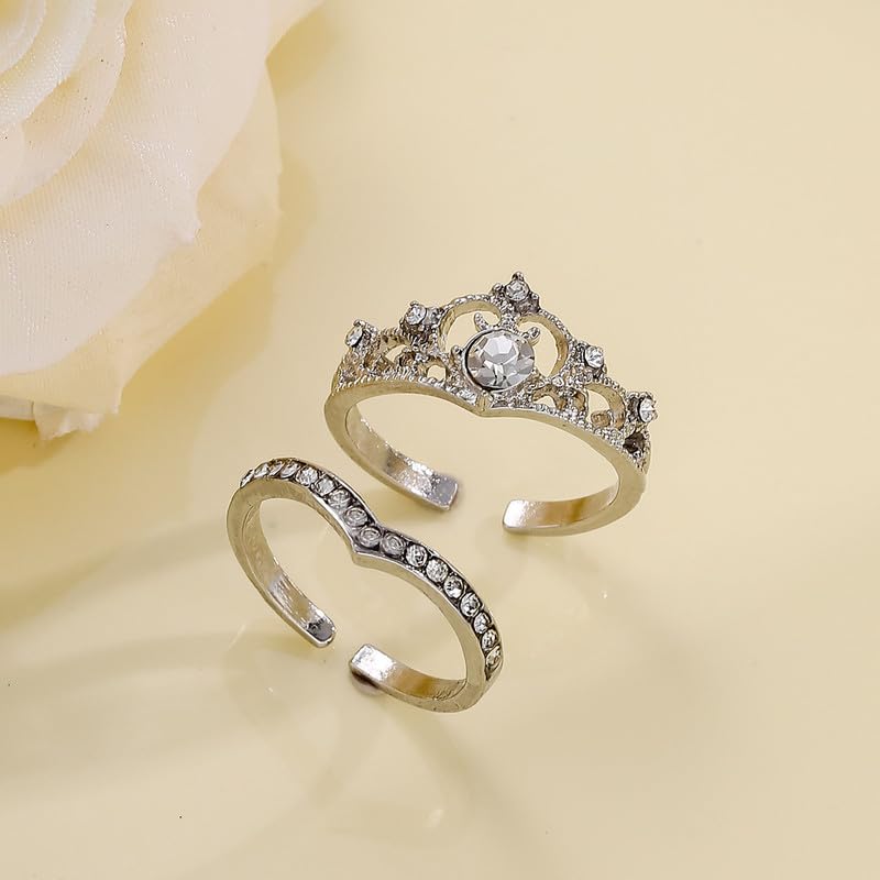 2Pcs Luxury Crown Cubic Zirconia Open Ring Set For Women Wedding Ring Couple Adjustable Silver Finger Ring Sparkly Fashion Jewelry Gift3