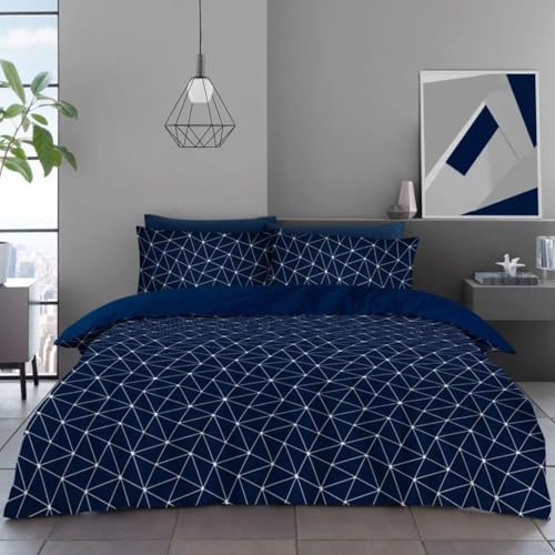 Image of Lions Double Bed Bedding Sets - 100% Polyester Reversible Printed Pattern Quilt Duvet Cover with Pillowcase, Soft Geometric Pattern, Bed Linen, Navy Blue