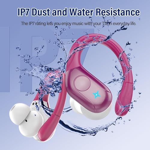 Image of Qecnato Wireless Earbuds Bluetooth 5.4 Headphones 75H Stereo Deep Bass Sports Over Ear Buds with Earhooks, LED Display Bluetooth Earbuds with 4 ENC Mic, IP7 Waterproof Earphone for Running, Rose Gold