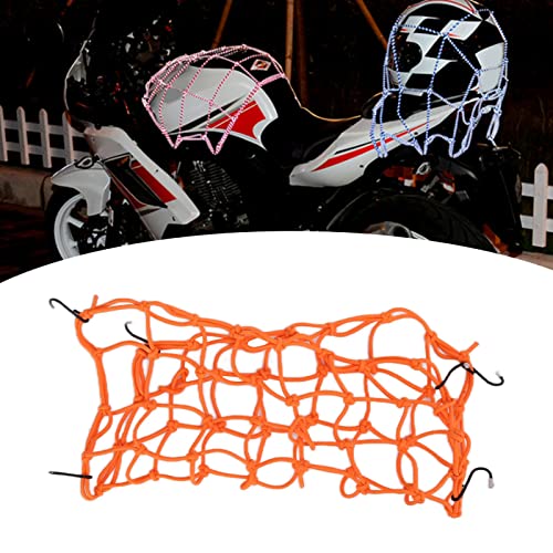 CUEI Motorrad Gepäcknetz, 30,5 x 30,5 cm Helmaufbewahrung, Latex Bungee Gepäcknetz, Dickes 25 kg schweres Gepäcknetz, dehnbar bis 35 Zoll, 6 verstellbare Haken für Paddleboard, Fahrrad, ATV,(Orange)