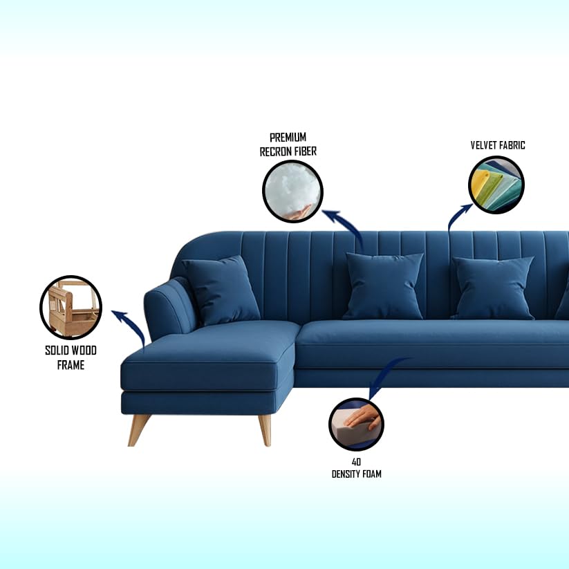 Image of Atticus LHS 6 Seater L Shape Sofa Set for Living Room (Blue Fabric) Premium Fabric Sofa Set