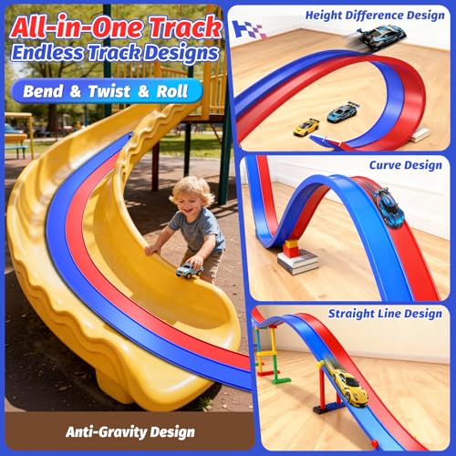 Double Lane Race Car Track with Suction Cups，Portable Flexible Roll Up Racetrack, Suction Cups Diecast 1/64th Car for Ages 3 & Up，4 Small Racecars，Blue and Red by EYEFEAT - Image 2
