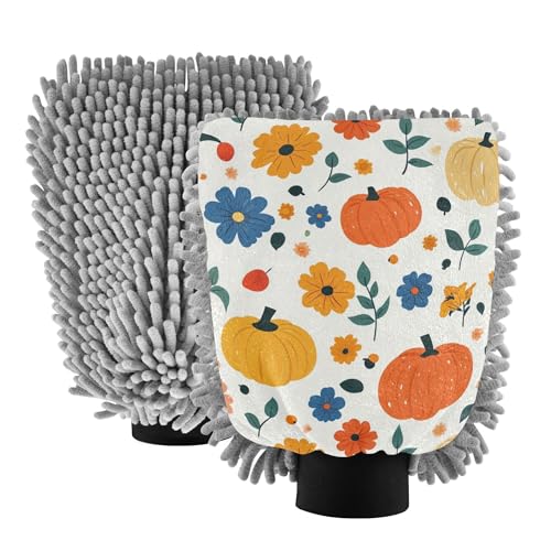 Fall Cartoon Flowers Pumpkins Microfiber Mitt for Cars 11.8'' Car Washing Glove Scratch Free Detailing Clean Rag for Auto Supplies