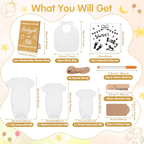 Pydeeirom 151 Pcs Baby Shower Game Decorations Kit with Bibs, Bodysuits, Wooden Sign & Fabric Markers (Classic)4
