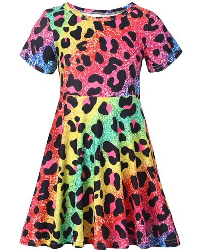 Girls Dresses Rainbow Leopard Print Short Sleeve Casual Sundress for Girls Size 8-9