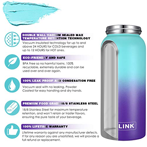 GLINK Stainless Steel Water Bottle with Straw - 32 oz Wide Mouth Double Wall Vacuum Insulated Water Bottle Leakproof, Straw Lid and Spout Lid with New Rotating Rubber Handle - Aurora - Thumbnail 3