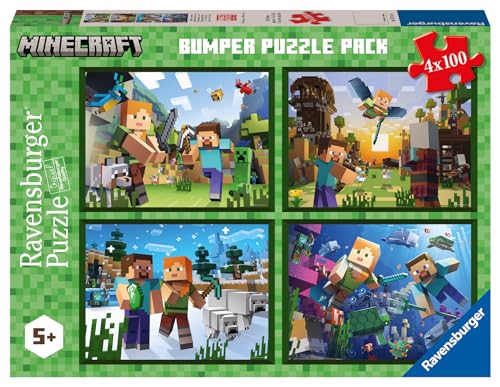 Ravensburger - Puzzle Minecraft Colección 4x100 Bumper Pack, 4 Puzzle de 100 Piezas, Puzzle para Niños, Edad Recomendada 5+ Años