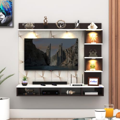 Image of Anikaa Kirina Engineered Wood Wall-Mount TV Unit with PVC Back Panel & LED Lights | TV Cabinet with Storage Box & Decorative Shelves (Wenge /White) | Ideal for TVs up to 55 Inch | DIY Installation