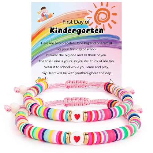 Image of First Day of School Mommy and Me Matching Bracelet Set kindergarden Pre-K Back to School Gifts Adjustable Heart Clay Bead Jewelry for Mother Daughter Dad Son