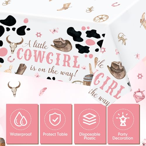 Image of Ganeen 3 Pcs Western Cowgirl Party Decoration Cowgirl Tablecloth Disposable Plastic Table Cover Waterproof Tablecloth for Western Rodeo Baby Shower Birthday Party Decor, 54 x 108 Inch
