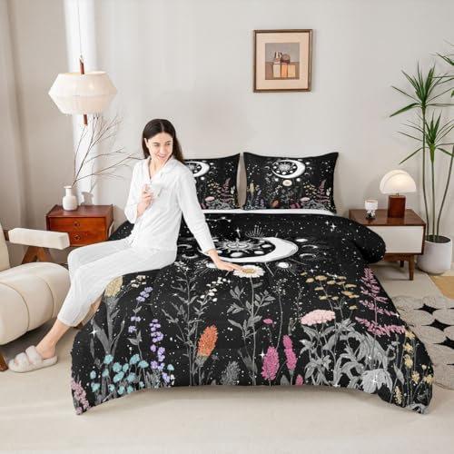 Image of Feelyou Sun and Moon Decor Bedding Set Twin Size Girl Bohemian Comforter Sets Kids Boys Boho Exotic Style Black and White Cute Galaxy Stars Comforter Botanical Floral Plant Quilt Set with 1 Pillowcase