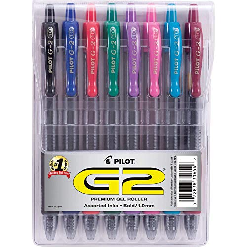 Pilot G2 Retractable Premium Gel Ink Roller Ball Pens, Bold Point, Assorted Color Inks, 8-Pack Pouch