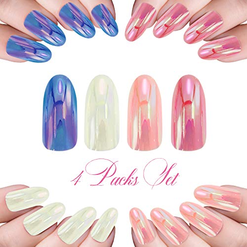 Zooy 96 PCS Fake Nails Oval Nails Full Cover Nail Art Long Colorful Mirror False Gel Nails Tips Sets for Women Teens Girls (Aurora Pink Purple Series, No Glue) - 4 Packs