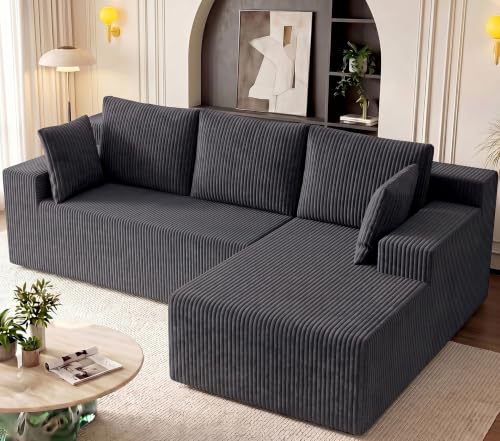 Image of GRUSIGN Cloud Sectional Boneless Couches for Living Room, Modular L Shaped Couch with Deep Seat Oversized Right Facing Chaise, Memory Foam Compressed Spineless 3 Seater Sofa, Wide-Striped Grey