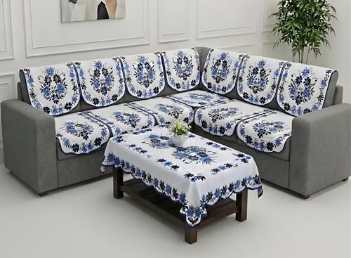 Image of Fab Nation Sofa Cover L Shape 5 Seater with Corner L Type Fully Covered Sofa Set for Living Room | Cotton Sofa Slipcovers for 3 + 2 Seaters Cover with 1 Table Cover | Blue