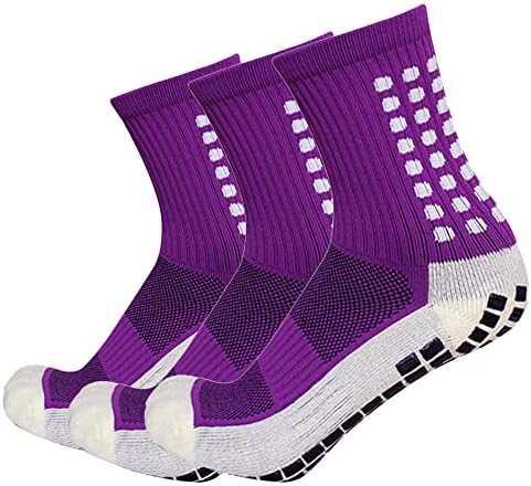 Anti Slip Soccer Socks Men's Non Slip Football Basketball Sports Grip Pads Socks 3 Pairs (Purple)