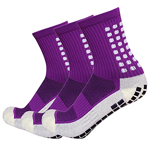 Anti Slip Soccer Socks Men's Non Slip Football Basketball Sports Grip Pads Socks 3 Pairs (Purple) #TOP3