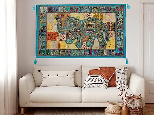 Image of Ekam Art Rajasthani Handmade Heavy Elephant Embroidery Cotton Patchwork Tapestry Cotton Wall Decor Hanging Beaded Tapestries Home Living Room Decor 40 x 60 Inch (Turquoise)