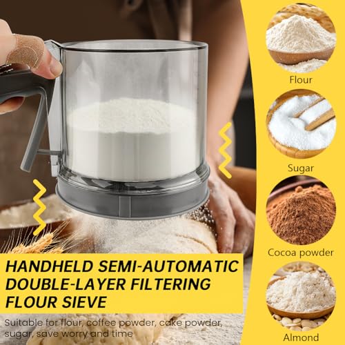 3 Cup Flour Sifter,Sifter for Baking One-Hand Press Flower Sifter,Double-Filter Fine Mesh Stainless Steel Flour Sifter for Rapid Screening of Flours Apricot Flou r Sugar Powder
