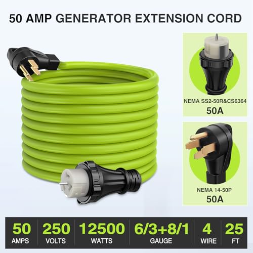 Image of Nilight 25FT 50 Amp Generator Extension Cord 250V Heavy Duty 6 /3+8 /1 Gauge Pure Copper STW Wire ETL Listed 4 Prong 14-50P SS2-50R&CS6364 Suit for RV Camper Outdoor Use Bright Green