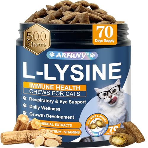 L-Lysine for Cats - Support Immune Health, Normal Eye Function and Respiratory Health - Cat Lysine Crunchy & Creamy Chews with Taurine, Beta-Glucans, Bovine Colostrum - 500 Chicken Flavor Chews
