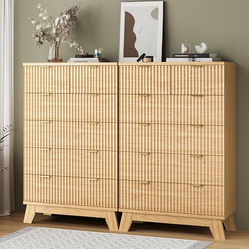 Image of Fluted Dresser for Bedroom with 6 Drawers, 46 inch Tall Modern Chest of Drawers with Metal Handle, Wooden Dresser TV Stand, Wood Closet Clothes Storage Organizer for Living Room, Hallway, Natural Oak