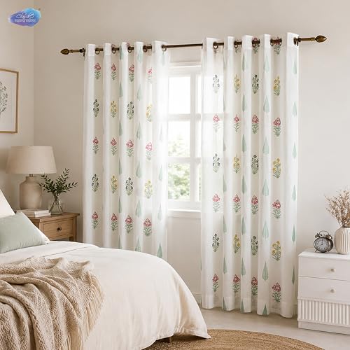 Image of Clasiko Block Print Sheer Door Curtains; 40% Light Filtering Linen Textured Curtains with Eyelets; Set of 2; 54x60 Inches / 5 Feet; Tropical Oasis