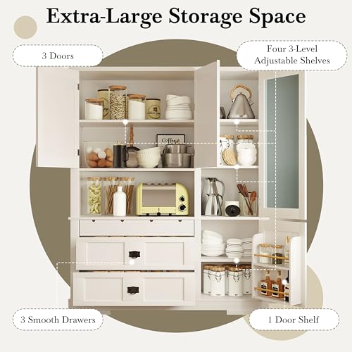 Image of Ball & Cast 78″Tall Kitchen Pantry Cabinet with 3 Drawers,66''w Kitchen Hutch Cabinet, Large Freestanding Storage Cabinet w /4 Doors,Door Shelf and Adjustable Shelves,for Kitchen and Dining Room,White