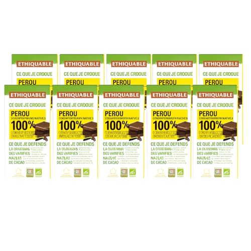 Pack 10x Chocolate Negro Perú 100% Bio 100g | Tabletas de Chocolate Ecológico | Comercio Justo | Sin Azúcar | Vegano y Sin Gluten