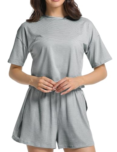 Image of Split Short Pajama Set Soft Women's Striped Pajama Sleeve Tee & Elastic Waist Shorts Lounge Sleepwear