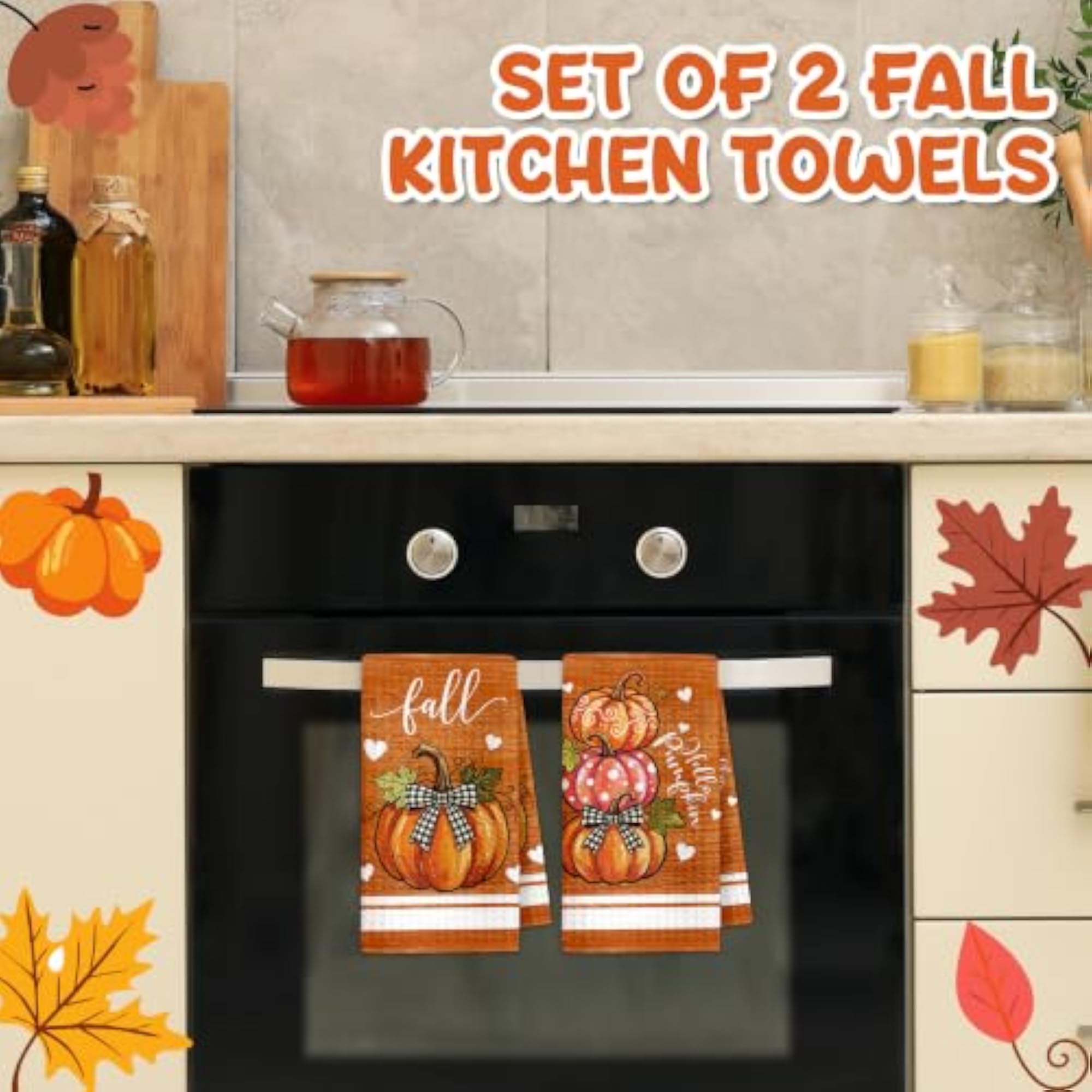 Fall Kitchen Towels, Pumpkin Maple Leaves Decor