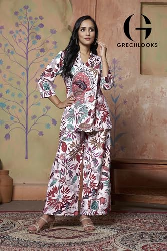 Greciilooks Womens Casual Rayon Regular Fit Co-Ord Set (Multicolor, Small), Floral