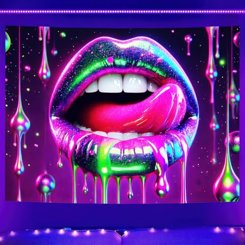 Image of BlissYard Neon Glow Lips Blacklight Tapestry, 71x74 Inch, Glitter Drip UV Reactive Wall Hanging for Bedroom, Aesthetic Glow in the Dark Party Decor, Neon Pink Green Galaxy Lips Wall Art for Room Decor