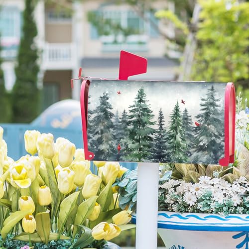 Winter Watercolor Tree Magnetic Mailbox Cover Large Size 25.5x21 Inch Christmas Dark Green Pine Trees Mail Box Post Cover Rustic Forest Red Bird Letter Box Wraps for Home Outdoor Garden Yard Decor by Granbey - Image 7