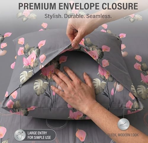 Image of VAS COLLECTIONS Cotton Pillow Cover Set of 2 (17x27 Inches) | Ultra Soft Breathable Pillow Cases for Bed | Skin Friendly, Fade Resistant & Comfortable Pillow Covers for Bedroom Decor (Grey & Pink)