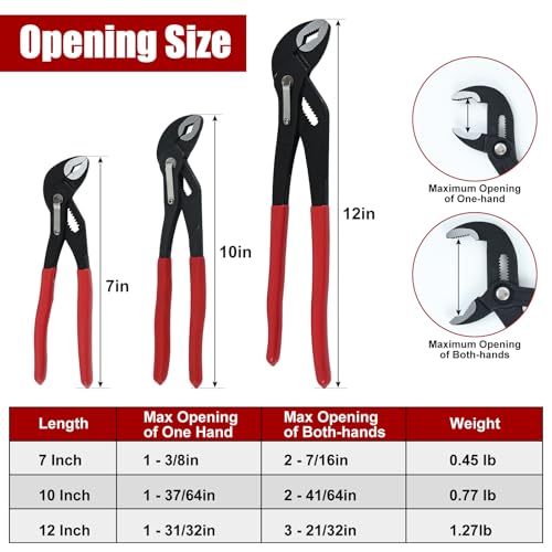 Image of HighFree 3PCS Water Pump Pliers Set 7Inch, 10Inch, 12Inch, Tongue and Groove Pliers Set Quick Adjustment by Pressing and Sliding Grips Any Shaped Object