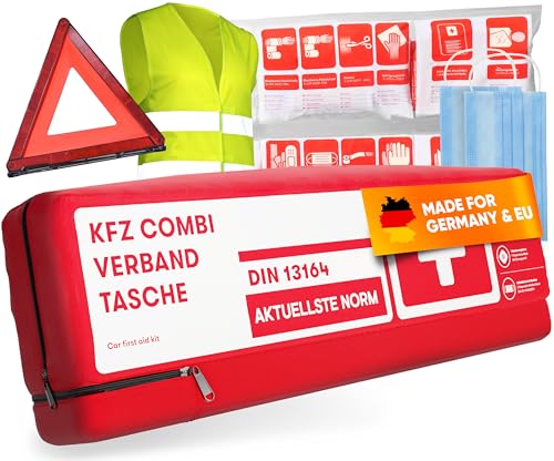 3-en-1 Kit Securite Voiture - Avec Triangle Voiture, Gilet Jaune et Trousse Premier Secours - Conforme Norme DIN 13164 - Triangle de Signalisation Voiture -...