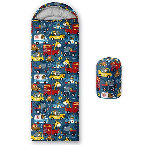 Bolsa de dormir infantil para niños y niñas, estampado de autos y animales, ligera, cálida, portátil, impermeable, resistente al frío para camping y senderismo (Autos) miniatura 1