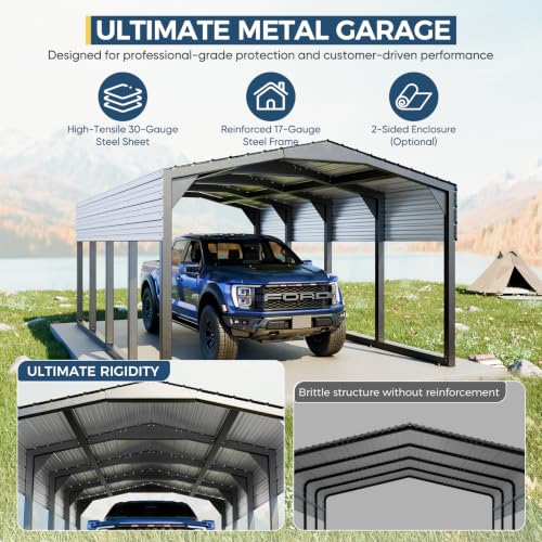 Image of Military-Grade Metal Carport 12x20 FT, Heavy- Duty Galvanized Steel Roof | 2x2 inch Steel Poles with Powder Coating, 17-Gauge Walls,100 PSF Snow Load Roof, Hurricane Resistant, Pickup, Truck, Ash Gray