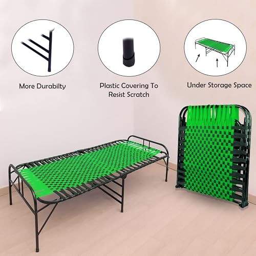 Image of Casa Copenhagen, Portable Single Folding Bed Heavy Duty Metal Cot Khat for Sleeping Bed Space Saving Design Sturdy Synthetic Niwar feet - Green & Charcoal Black