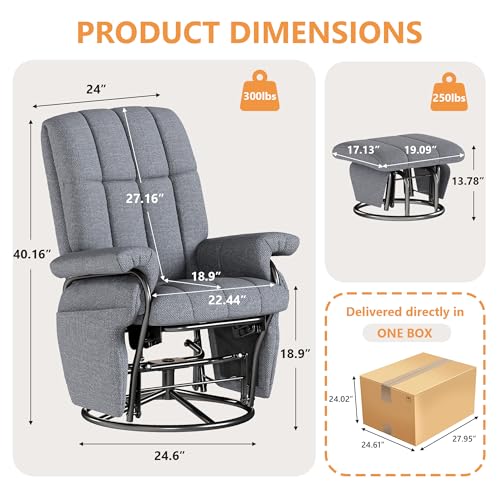 Image of JIASTING 360 Swivel Recliner Chair with Ottoman & Double Side Pockets, Nursing Glider Rocking Recliner Chair, Gliding Chairs for Nursery, Living Room, Bedroom, Office (Gray)